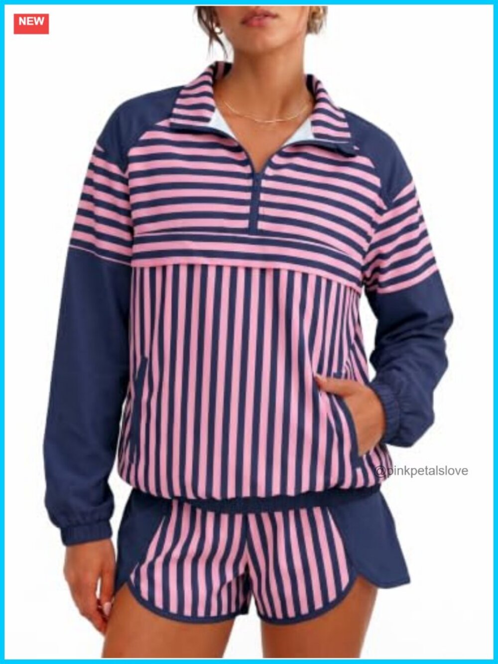 Striped 2 Piece Workout Set Long Sleeve Zip Top & Shorts Athletic